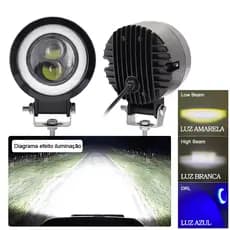 Par Farol de Milha LED 120W 18000lm 3 Cores com Angel Eye Luz Auxiliar para Moto e Carro Jeep Off Road