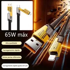 Cabo 4 em 1 Turbo PD 65W/27W Interface Niquelada USB Multifuncional para Celular e Notebook