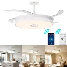 Ventilador de Teto LED com Música Controle Remoto Retrátil Reversível Timer Silencioso 60W 110-220V