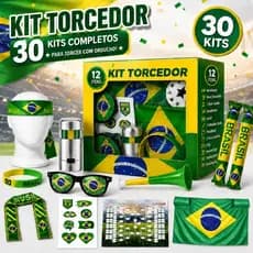 30 Kits Torcidor Brasil Com12 Itens Copa 2026  Festa Futebol Adesivo Corneta Bandeira Oculos