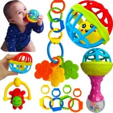 Brinquedo Infantil Kit 8 peças Mordedor para Bebe Sensorial Macio com Chocalho