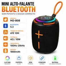 Caixa de Som Bluetooth Portátil Mini com RGB Bluetooth 5.3 USB AUX Rádio Bateria 1800mAh