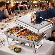 Rechaud Inox 12 Litros Profissional Banho Maria Com Estrutura Retangular Para Buffet E Eventos