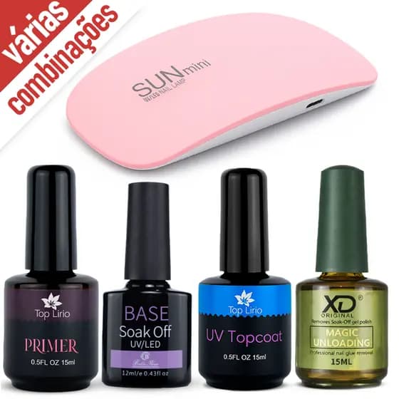 Kit Esmaltação em Gel c/ Top Coat Primer Magic Remover Esmalte Unhas Manicure
