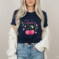 Camiseta Feminina Moderna Casual Cereja Cherry Flores Blusinha T-shirt Algodão Para Mulher