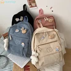 Mochila de Veludo Feminina - Estilo Harajuku Bolsa de Estudante Adequada para Uso Diário K5GM