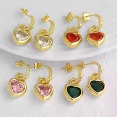 Brincos Minúsculos De Coração De Cristal Vermelho Para Mulheres , Pendurados Banhados A Ouro , Joias CZ Era045
