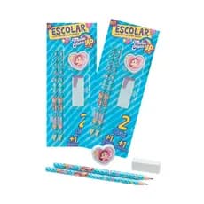 Kit Escolar Maria Clara e JP – 2 Lápis, Borracha e Apontador – Material Escolar Infantil