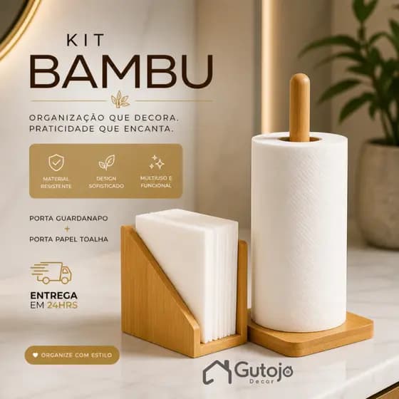 Bambu Porta Guardanapo + Suporte de Papel Toalha Grande para Mesa Bancada Cozinha Porta Rolo