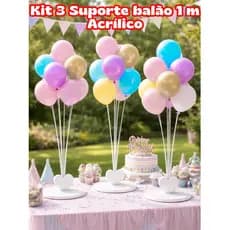 Kit 3 Suportes para Balão Acrílico 1 Metro Transparente Decoração Festa Aniversário Premium