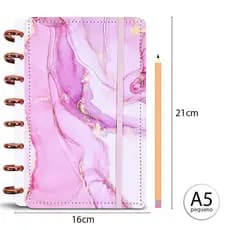 Caderno Inteligente A5 Ônix Marmorizado e Cores 80 Folhas com Discos Metálicos e Elástico – Reposicionável mdl 12