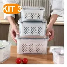 Kit 3 potes herméticos com tampa de vedação segura e design empilhável para geladeira mdl 173