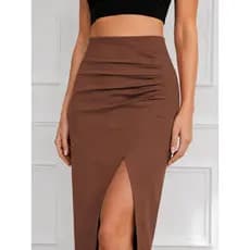 Saia Midi Couro Fake Franzida Fenda Lateral Slim Sofisticada Inverno