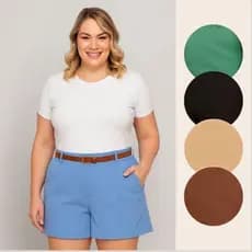 Short Feminino Plus Size Moda Verão Cintura Alta com Cinto e Bolsos