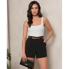 Short Alfaiataria Feminino | Cintura Alta com Cinto | Bolso Lateral | Social Elegante
