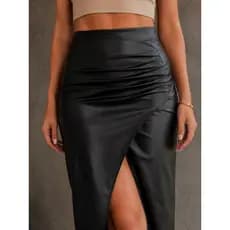 Saia Midi Couro Fake Fenda Franzida Modeladora Elastano Slim