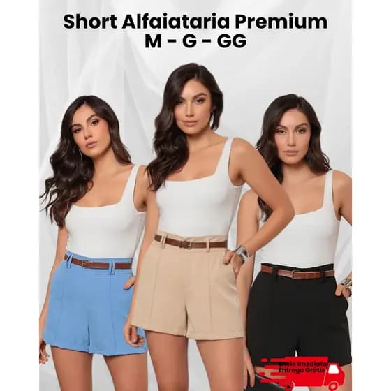 Short Alfaiataria Feminino | Cintura Alta | Com Cinto e Bolso | Elegante Versátil Social
