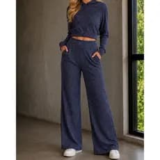 Conjunto Feminino Ribana Canelada Cropped Com Capuz e Calça Pantalona Wide Leg Mesclado Confortável