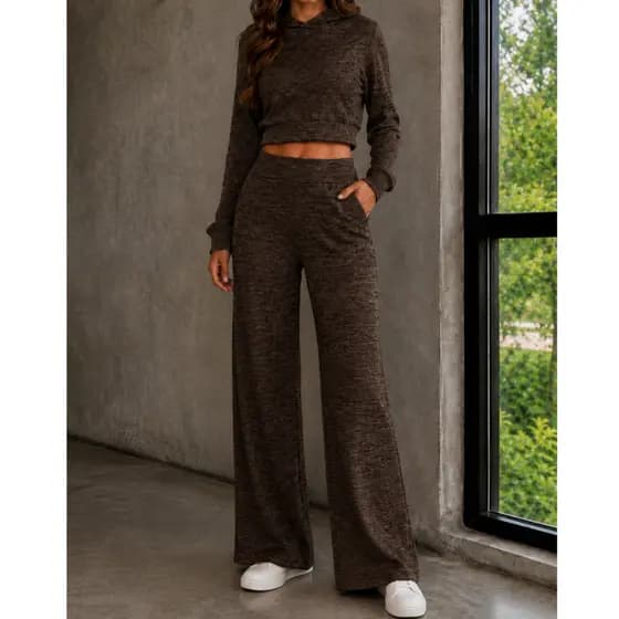 Conjunto Ribana Canelada Cropped Capuz Pantalona Wide Leg Mesclado Bolso Feminino Casual Moda