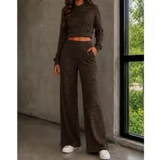 Conjunto Ribana Canelada Cropped Capuz Pantalona Wide Leg Mesclado Bolso Feminino Casual Moda