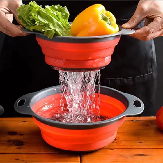 Kit 2PCS(G+P) Escorredor Redondo Retrátil Dobrável Silicone Multiuso Verduras Frutas Arroz Macarrão