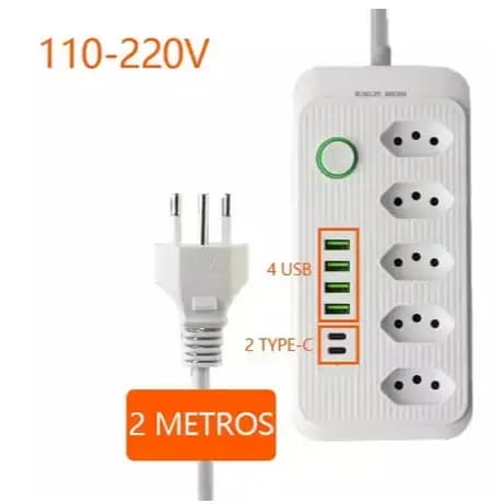 Extensão Tomadas com USB e TypeC Universal Bivolt 110v/220v 2500W Power 2m Filtro De Linha Segurança