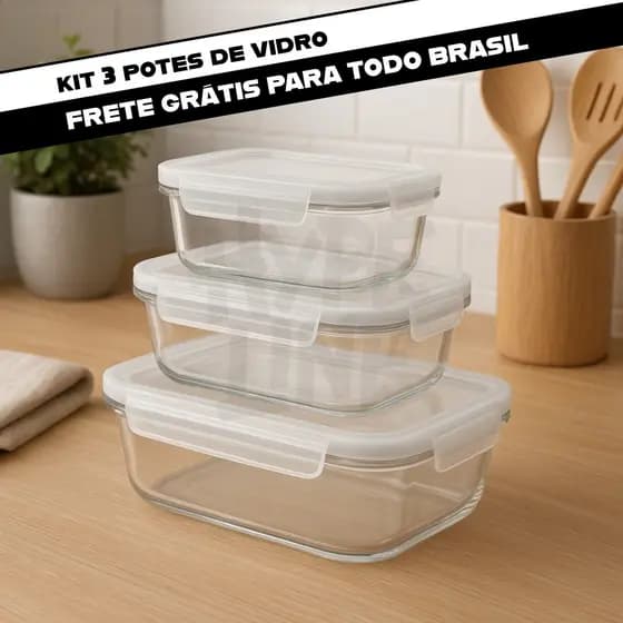 Kit 3 Potes de Vidro Borossilicato com Tampa Antivazamento Ideal para Marmitas Forno e Freezer
