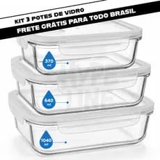 Kit 3 Potes Vidro Tampa Hermética 370ml + 640ml + 1040ml Marmita Armazenar Alimento Comidas Refeição