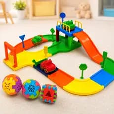 Pista Animal Baby Infantil com 2 Carrinhos + Trio de Bolinhas Educativa Brinquedo