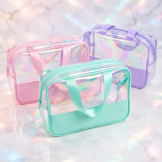 Necessaire Holográfica Transparente Rosa Verde Roxa Viagem Maquiagem Organização