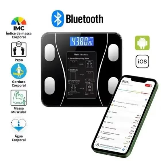 Balança Digital Corporal Bioimpedância Aplicativo Bluetooth Balança de Cozinha Digital Redonda
