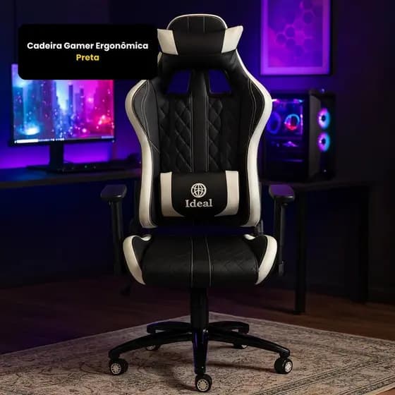 Cadeira Gamer Preta Ergonômica Reclinável Confortável Com Rodinha