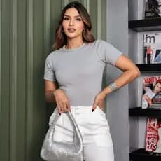 Blusa Feminina Manga Curta Canelado liso Basico Moda Verão