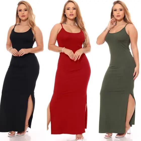Vestido Longo Tubinho  Feminino com Bojo Fenda Lateral Casual