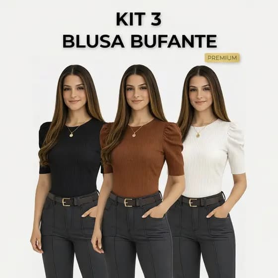 KIT 3 Blusa Feminina Manga Bufante Ribana Premium Gola Redonda Casual Moda Verão