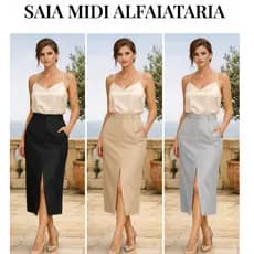 Saia Feminina  Alfaiataria Liso con Bolso Frontal Moda Social Elegante