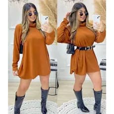 Vestido Midi   Poncho Feminino Cacharrel Manga Longa Gola Alta Casual e Elegante Moda Inverno