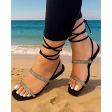 Sandália Rasteirinha Luxo Gladiadora Brilho Trançada de Amarrar LUXO