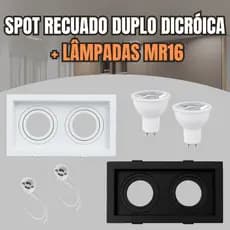 Spot Recuado Duplo MR16 Dicroica Branco Preto + Soquetes Gu10 + Lâmpadas MR16 Dicróica