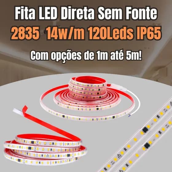1m a 5m Fita LED Direta Blindada IP65 110v /220v 120 LED 14w/m + Rabicho de ligação
