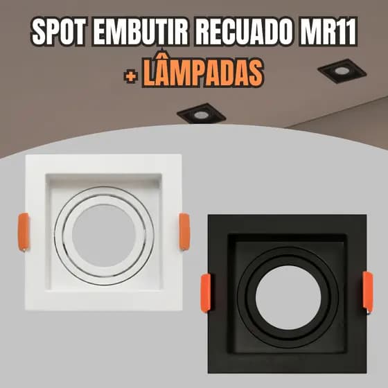 Spot Embutir Recuado Quadrado Mini Dicroica MR11 Gu10 Fundo Preto Branco Embutido C/ Lâmpadas ou Sem