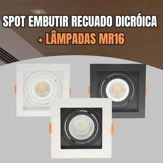 Spot Embutir Recuado Quadrado Dicroica MR16 Gu10 Fundo Preto Branco Embutido + Lâmpadas Dicroica