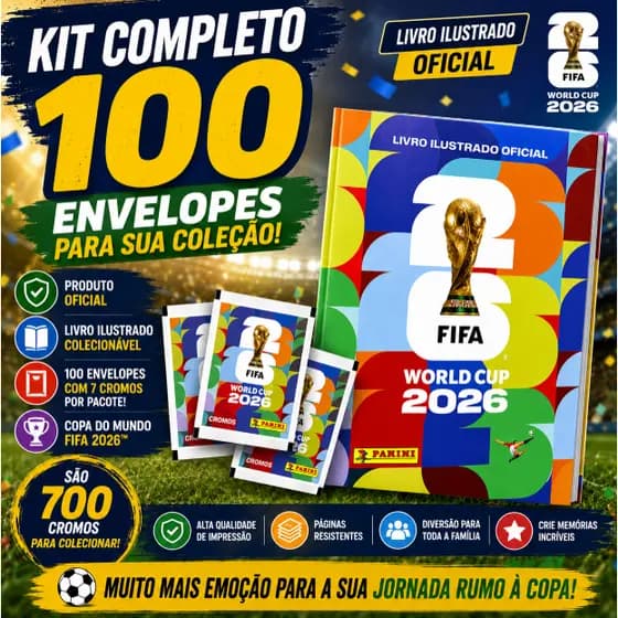 Álbum Copa do Mundo FIFA 2026 + 100 Envelopes Figurinhas Livro Ilustrado Colecionável