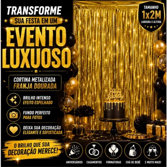 Cortina Metalizada Dourada 1x2m Franja Decoração Festa Painel Aniversário