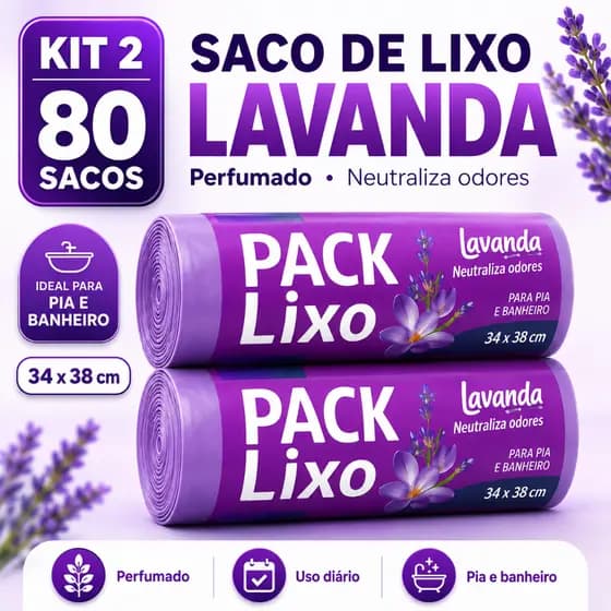 Saco Lixo Perfumado Lavanda Kit 80 Sacos 34x38Cm Pia Banheiro Anti Odor Reforcado