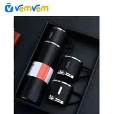 Kit Garrafa Térmica 500ml Com 3 Xícaras Caneca Portatil Cor Rosa ou Preto ou Verde