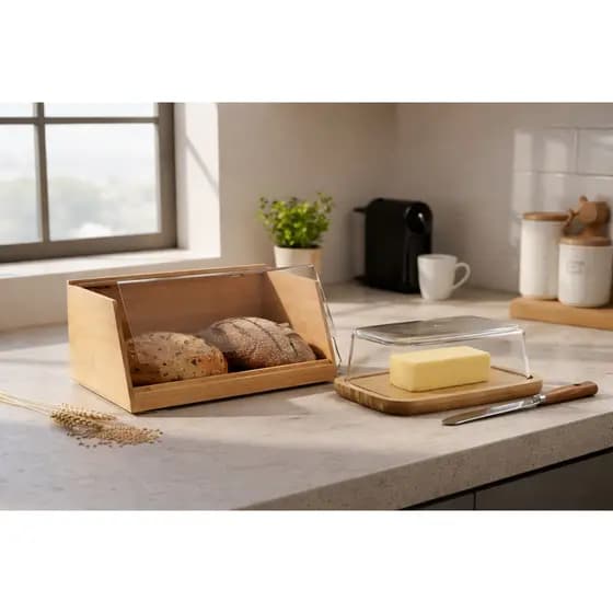 Kit Porta Pão E Manteigueira De Bambu Com Tampa Acrilica