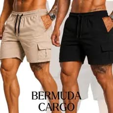 Short Cargo Masculino de Sarja com Elástico Sarja e Bolso Lateral Bermuda Masculina Bolsos Cargo