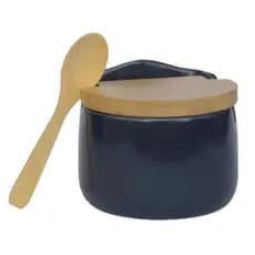 Saleiro Cerâmica Tampa Bambu com Colher Porta Sal Cozinha