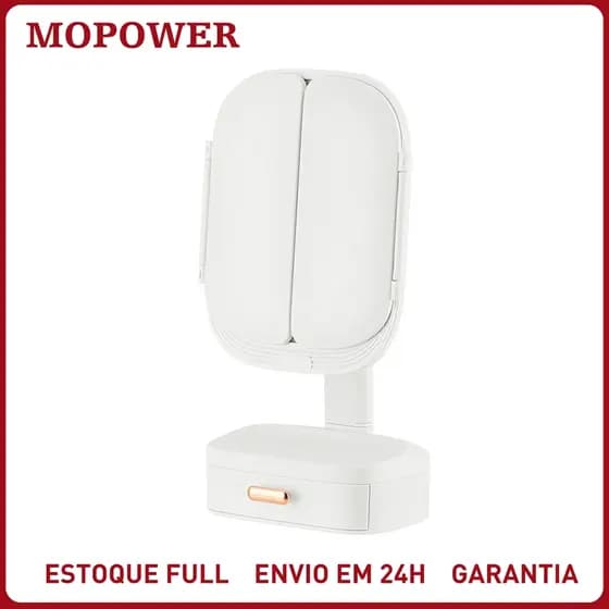 Espelho De Maquiagem LED Dobrável Portátil Com Gaveta Aumento 2X 3X Touch 3 Cores